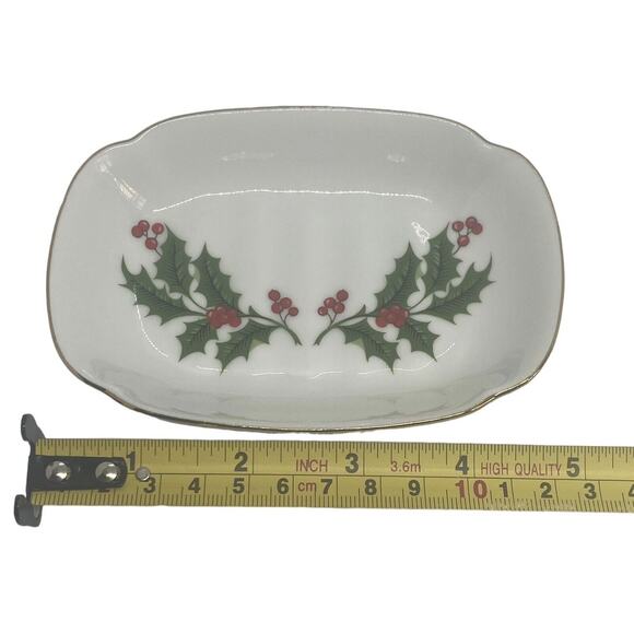 Japanese 4 7/8" Soap Trinket Dish Ceramic Gold Edge Holly Berries Green Leaves - Picture 12 of 14